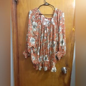 Sale Women's Oversize Top Coral RusticRed Multi Color Boho Lagenlook Size Small